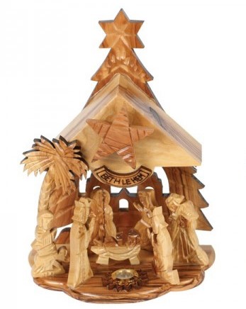 Olive Wood Musical Christmas Star Nativity