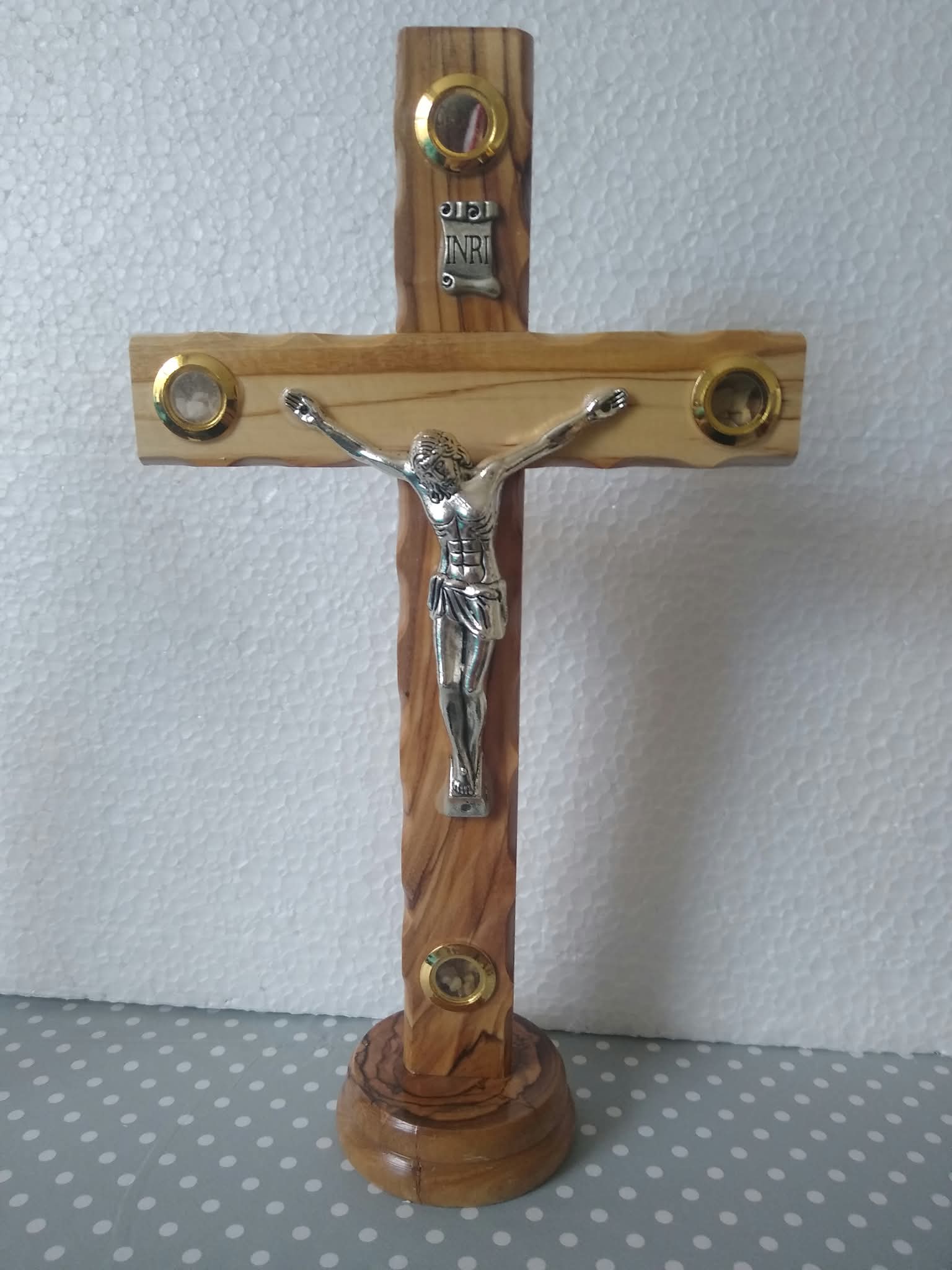 Olive Wood Latin Cross including Four Holy Land Essences on round base